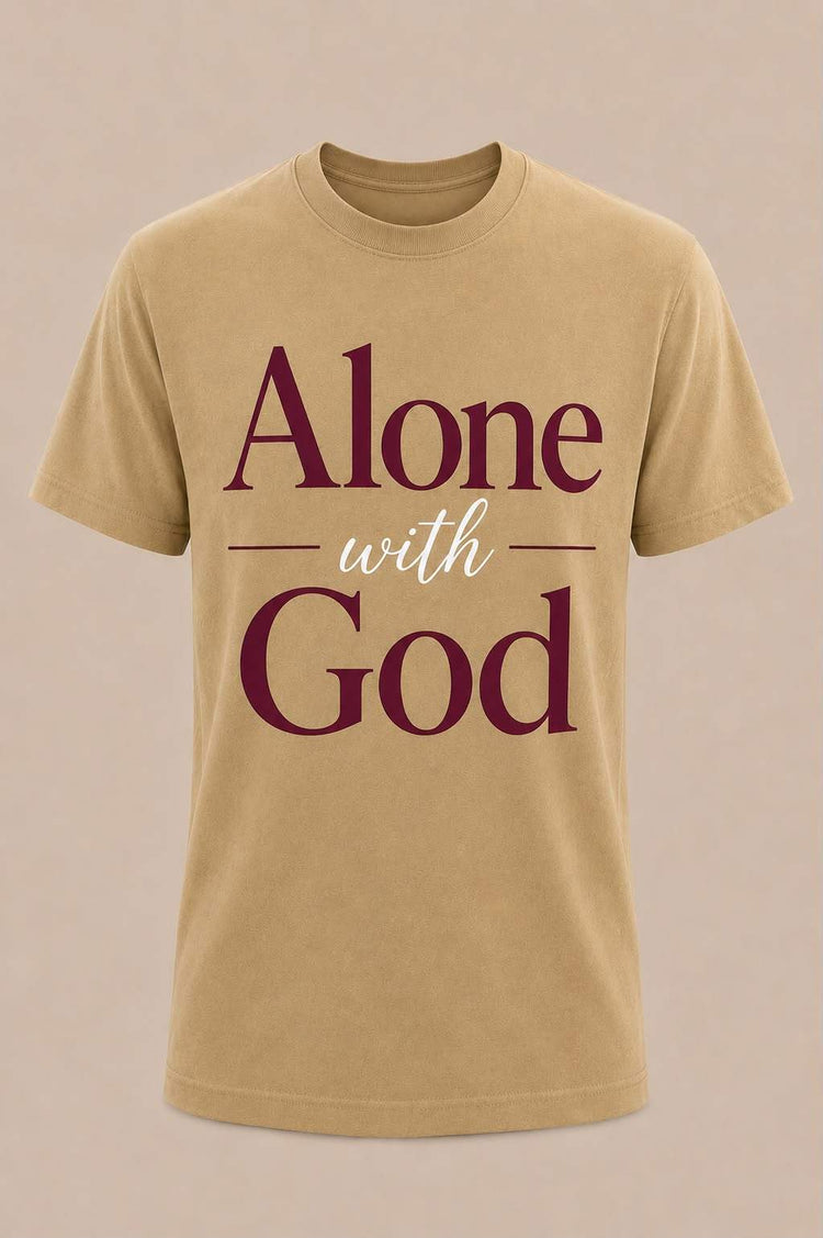 White "Alone With God" T-shirt by Watchful Women Ministry featuring a simple, spiritual design for women.